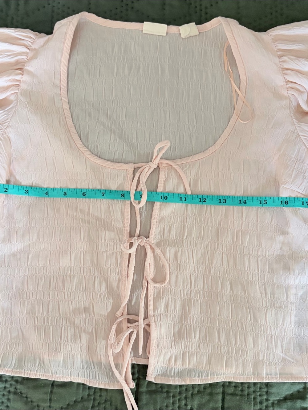 Pastel Pink Smocked Tie Front Boho Blouse Puff Sleeve Small - Picture 7 of 8